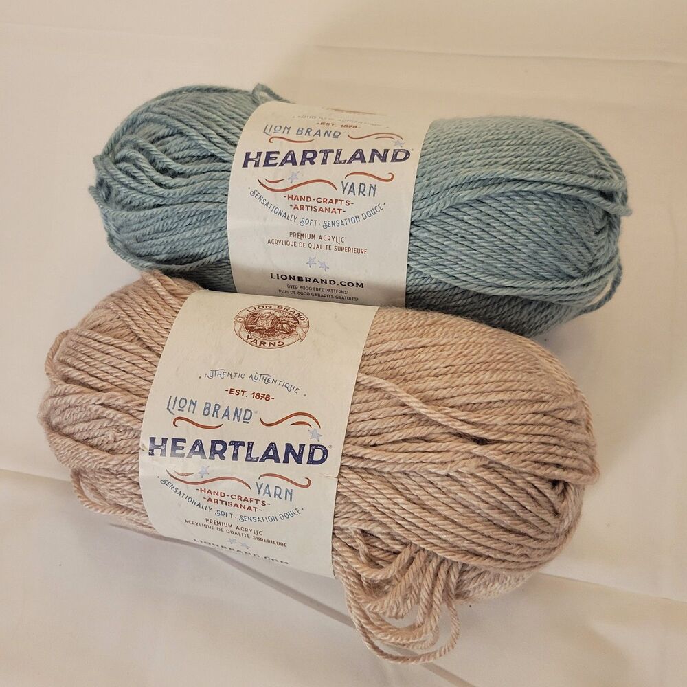 Lion Brand Heartland Yarn 2 Skein Worsted Acrylic Soft Heathered Tan & Sage Blue